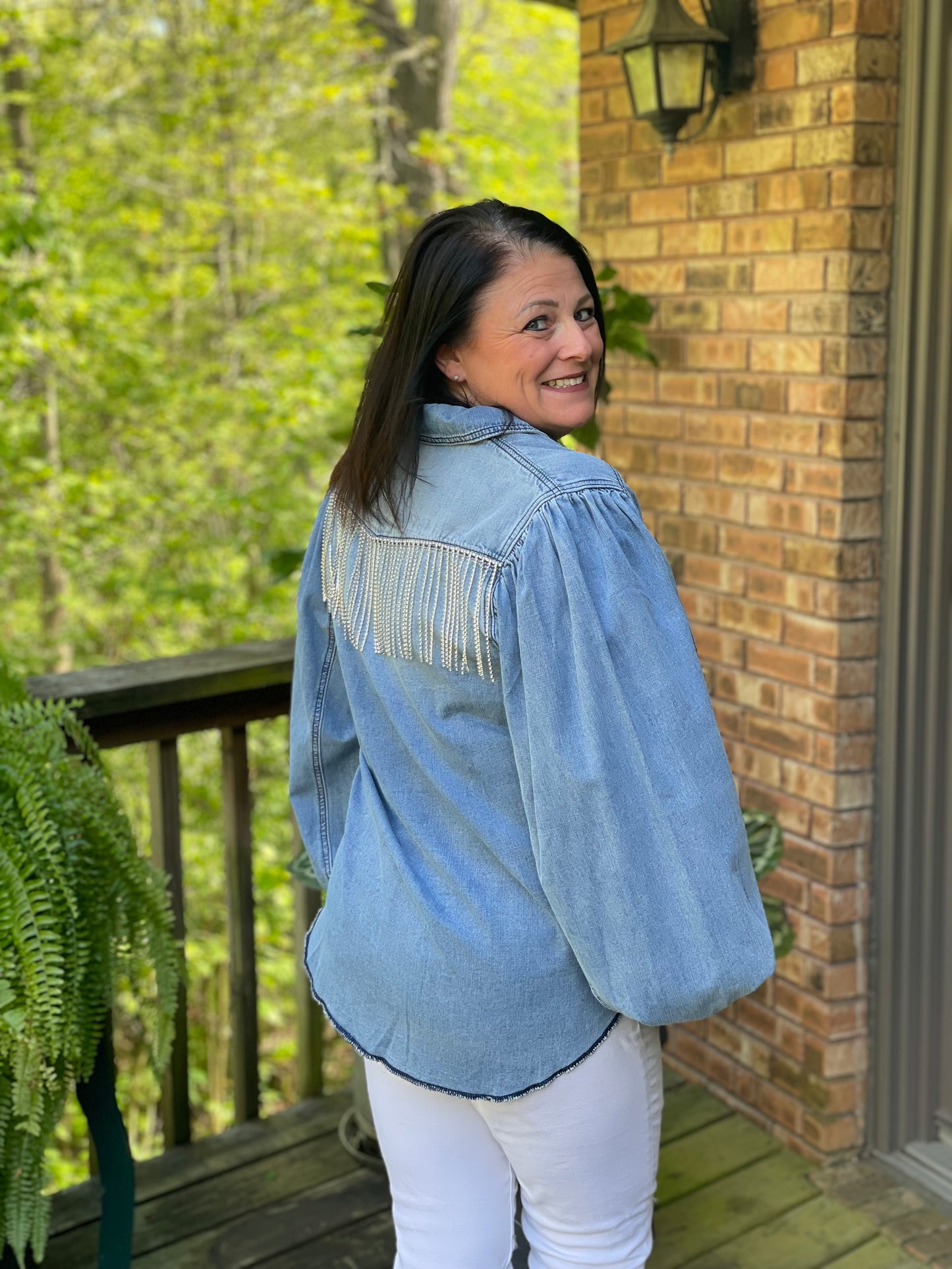rhinestone fringed denim shirt