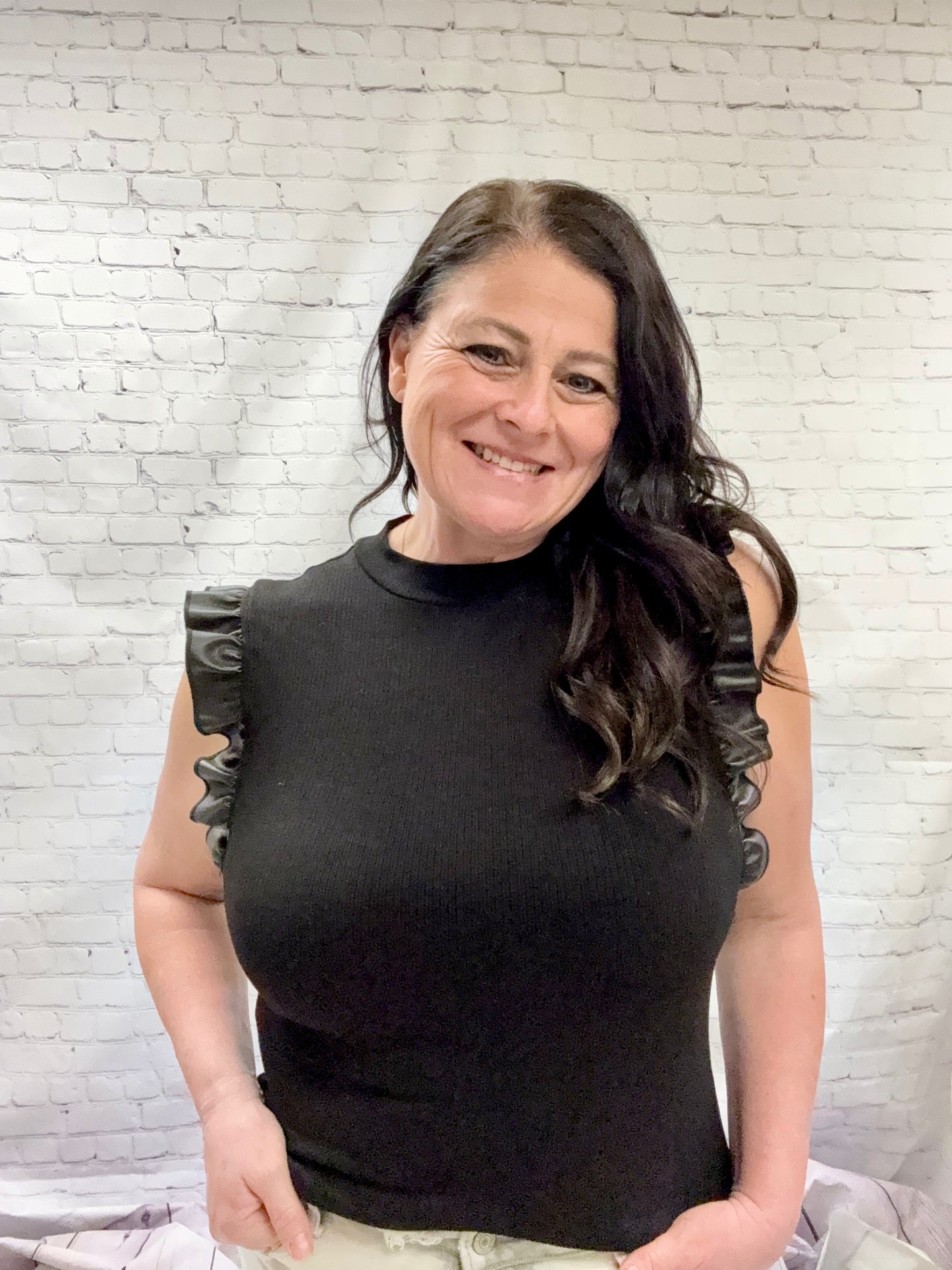 Ribbed Leather Ruffle Sleeves