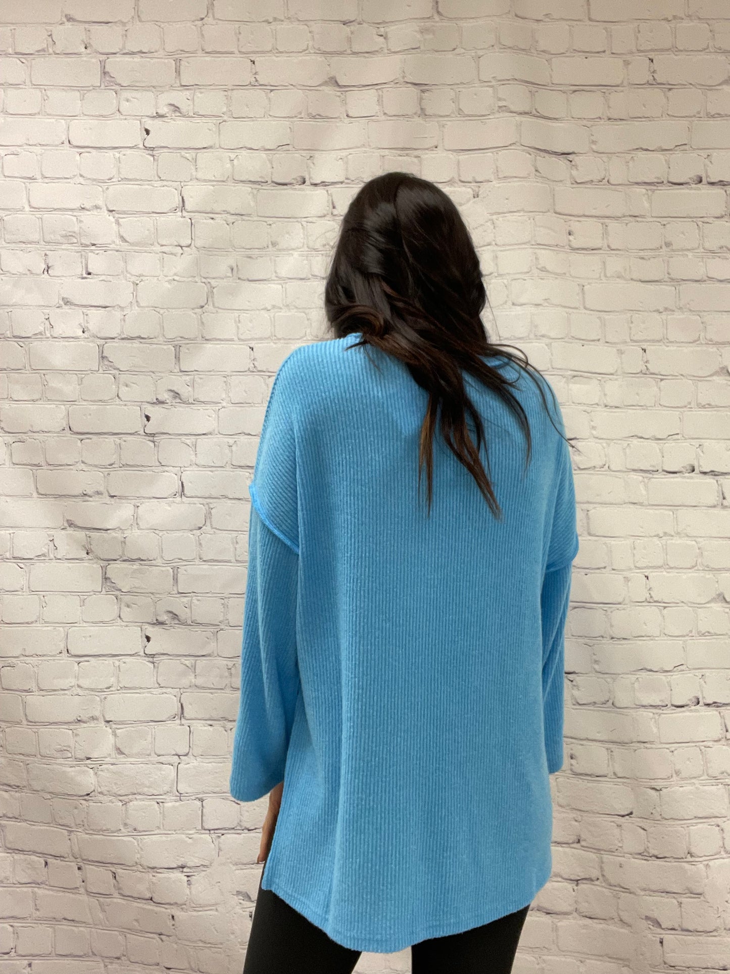 deep blue half button shirt