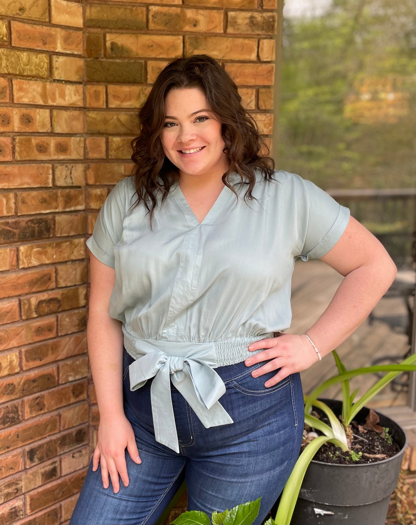 seafoam tie front shirt