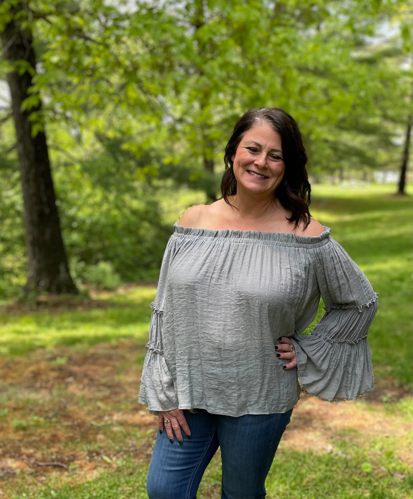 Grey off shoulder tiered sleeve