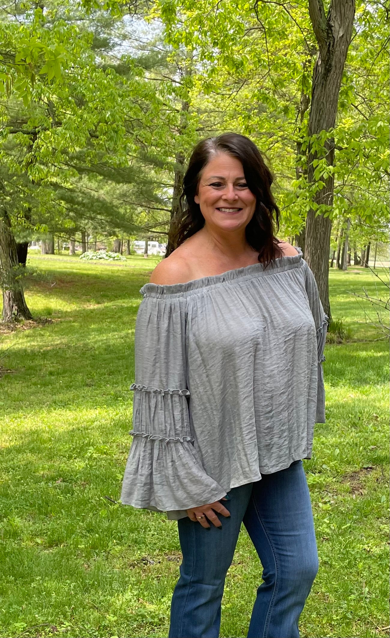 Grey off shoulder tiered sleeve