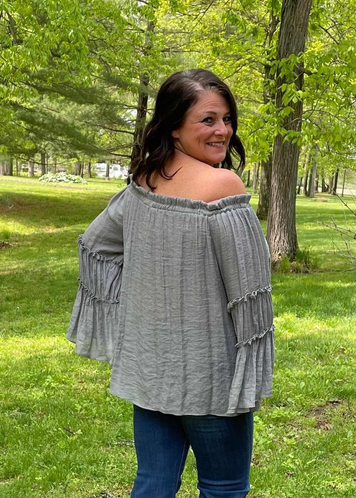 Grey off shoulder tiered sleeve