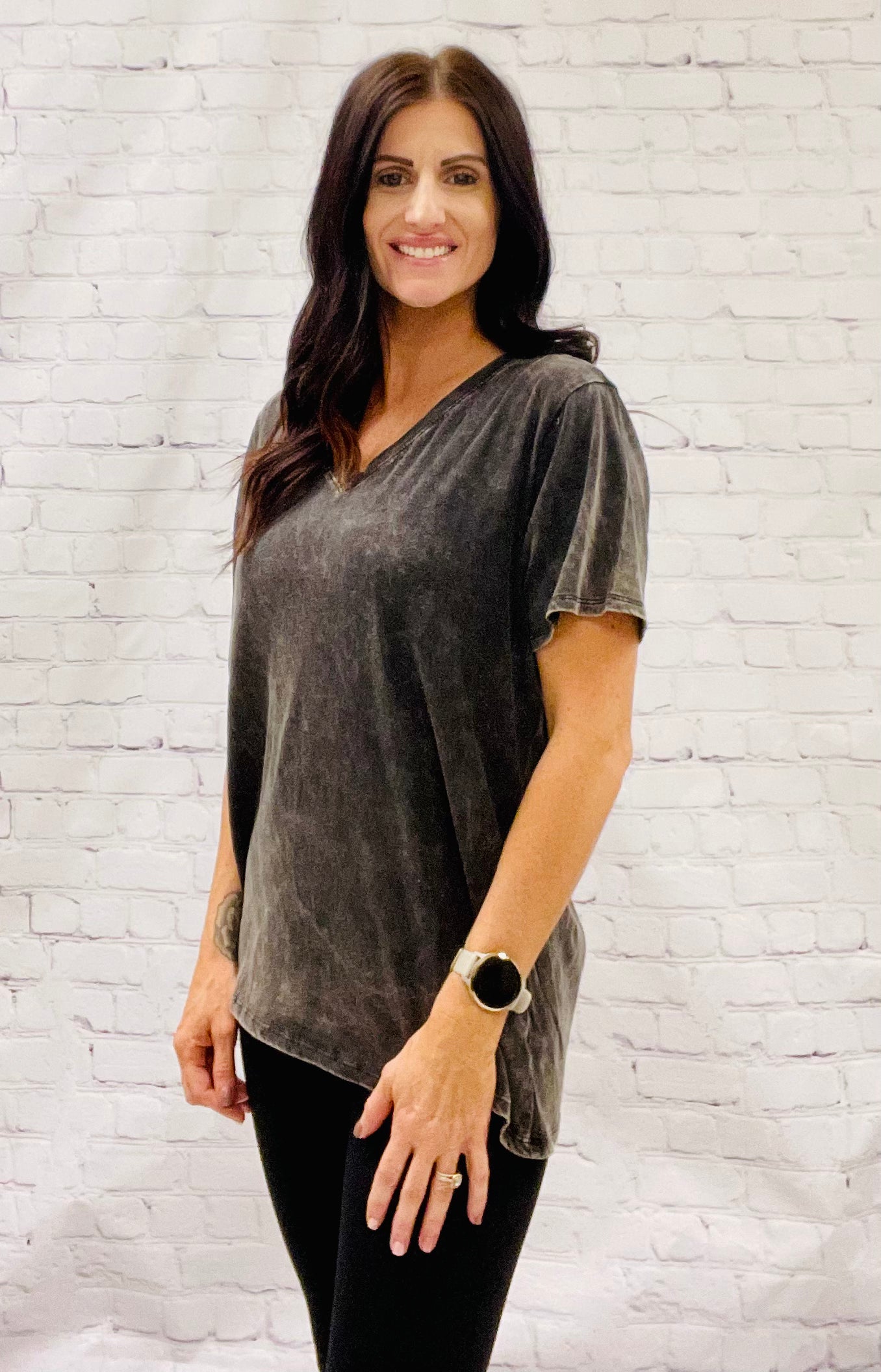 Black Acid Wash V-Neck Shirt