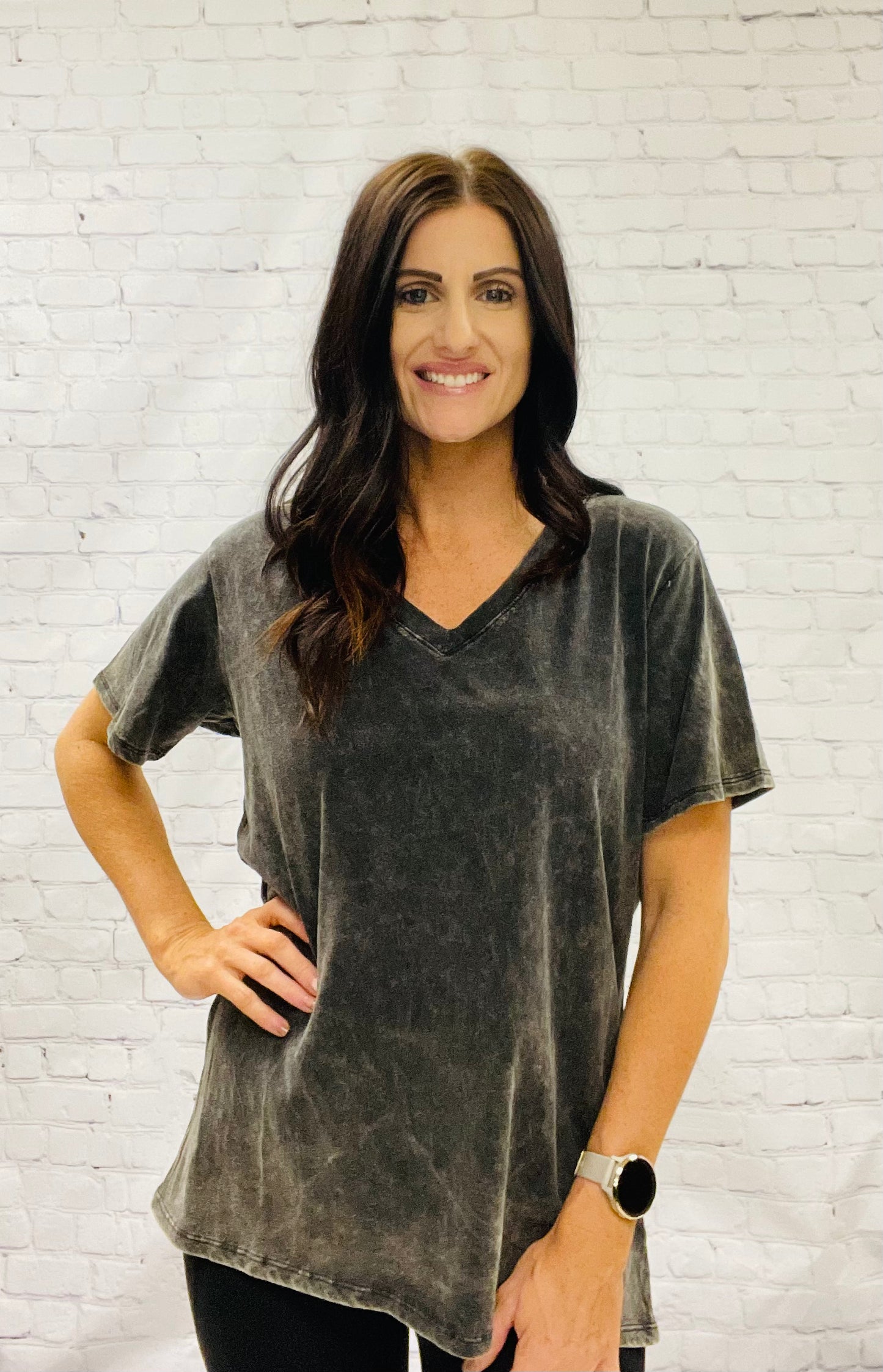 Black Acid Wash V-Neck Shirt