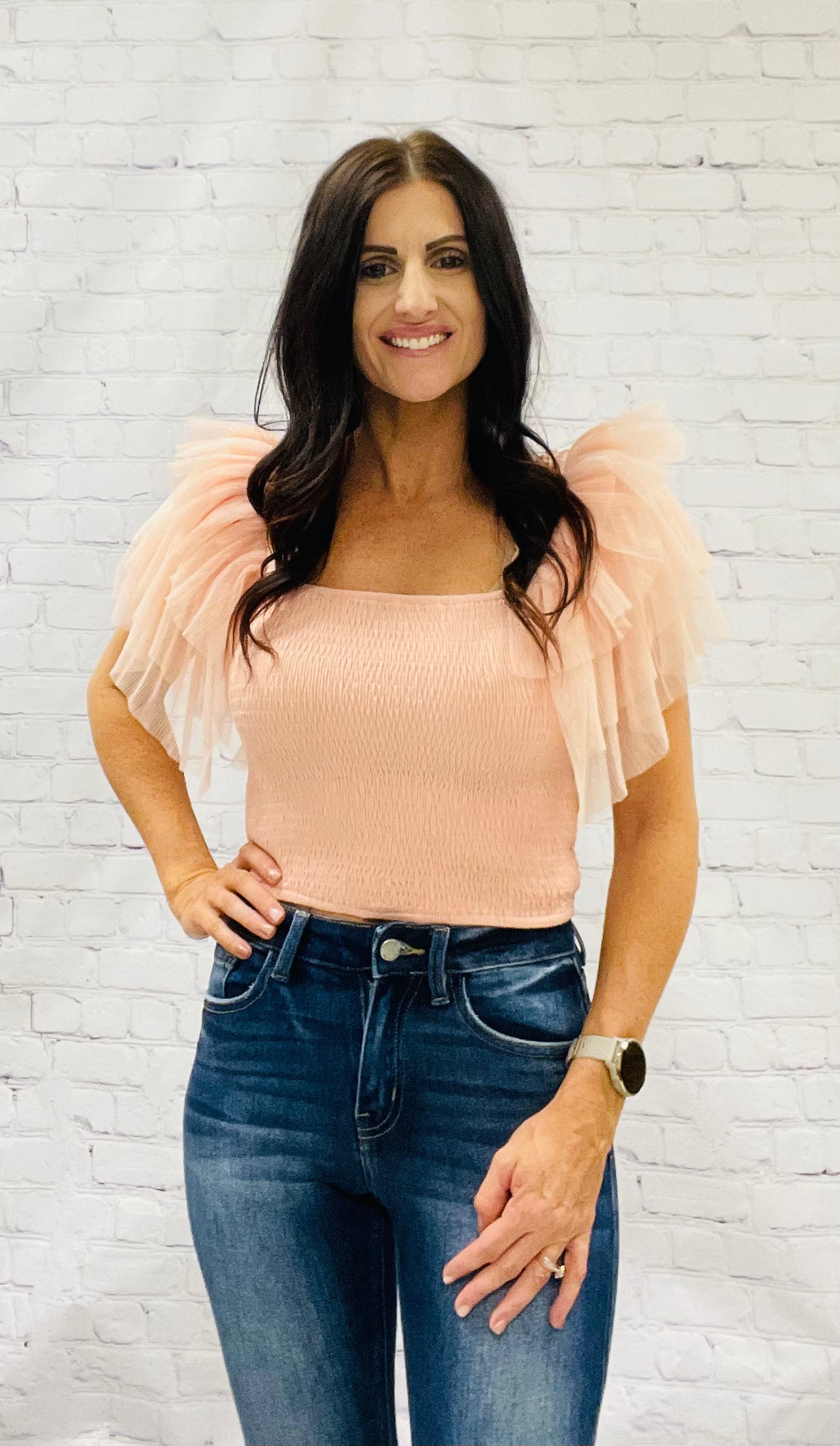 Pink Tulle Ruffle Sleeve Top