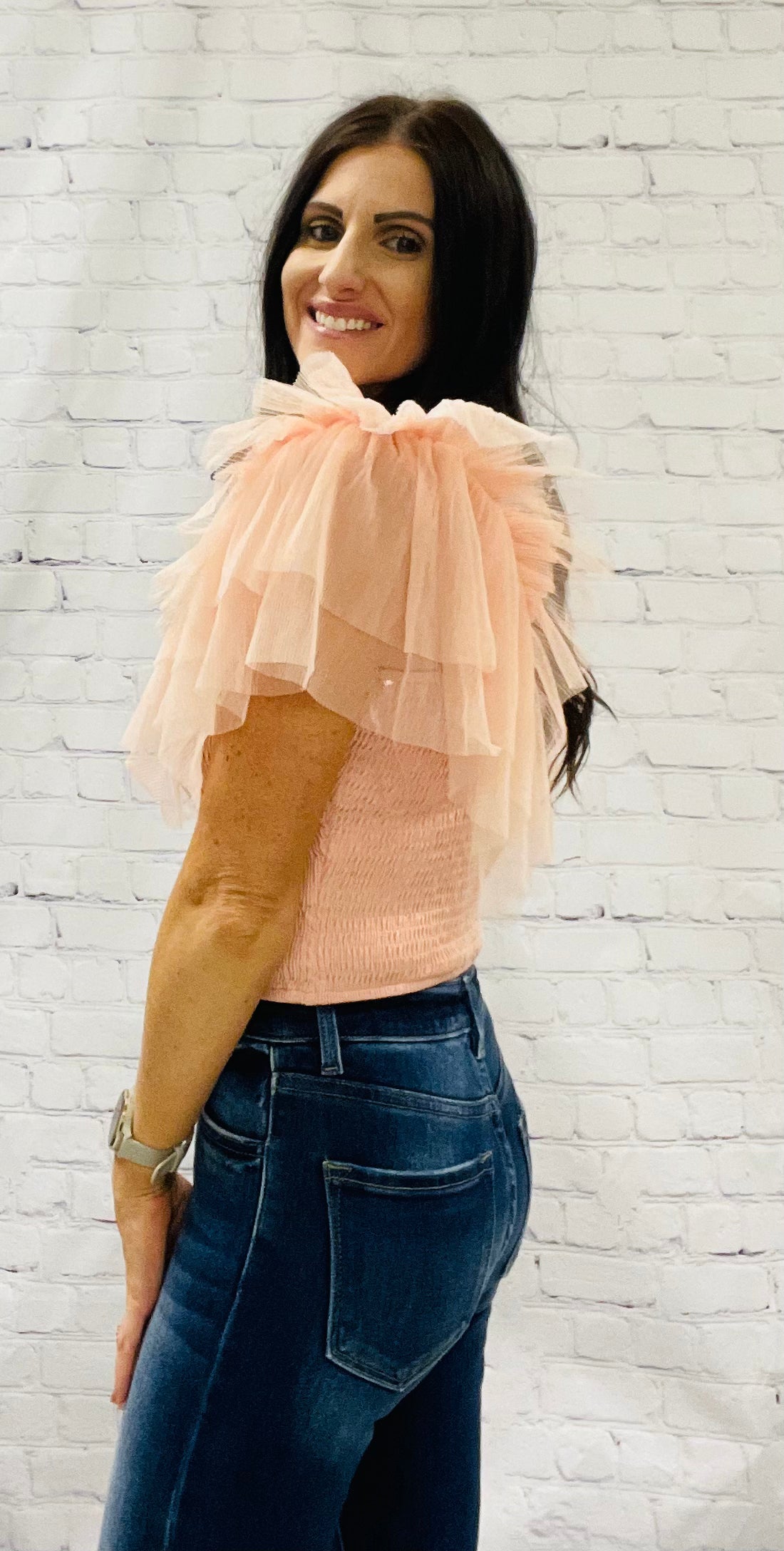 Pink Tulle Ruffle Sleeve Top