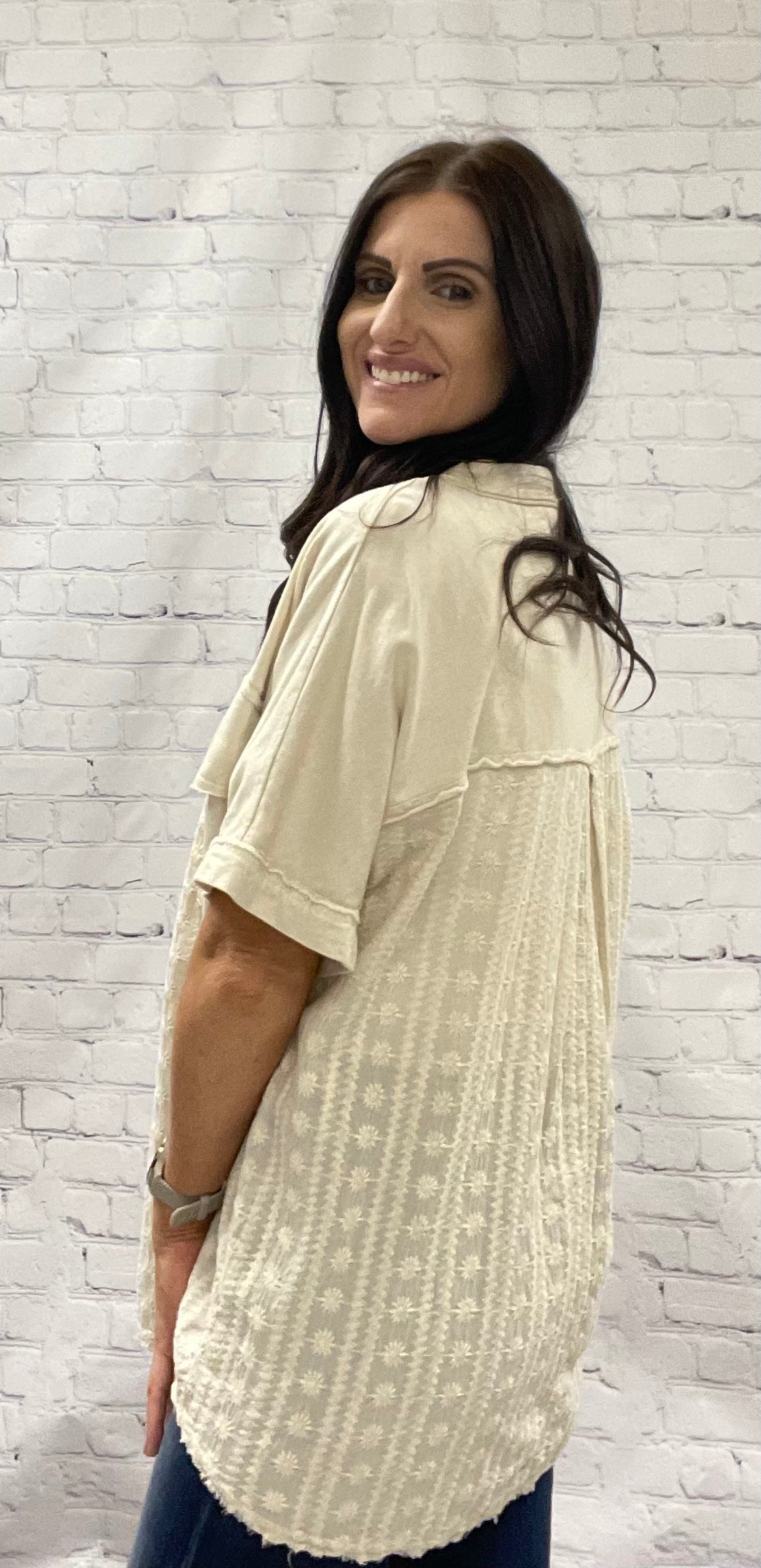Cream Mineral Washed Eyelet Top