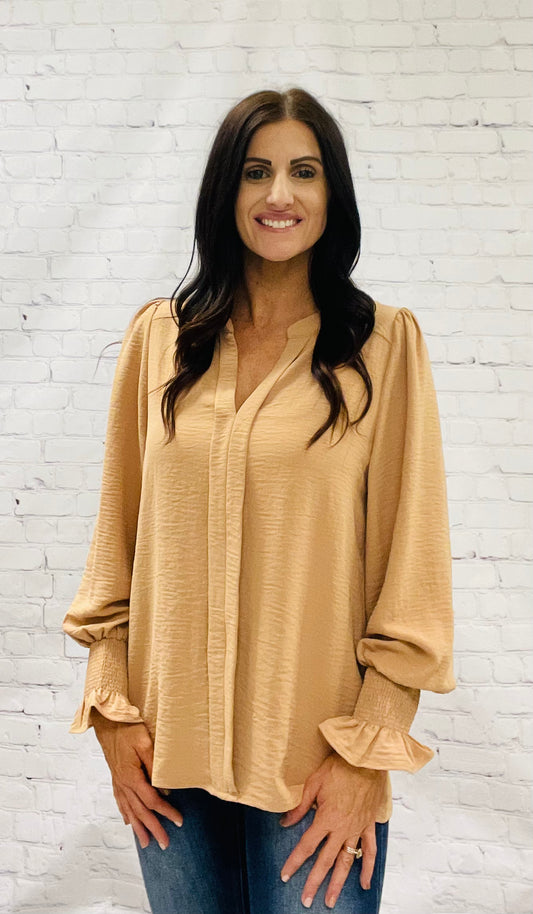 Long Sleeve Camel Colored Ruffle Blouse
