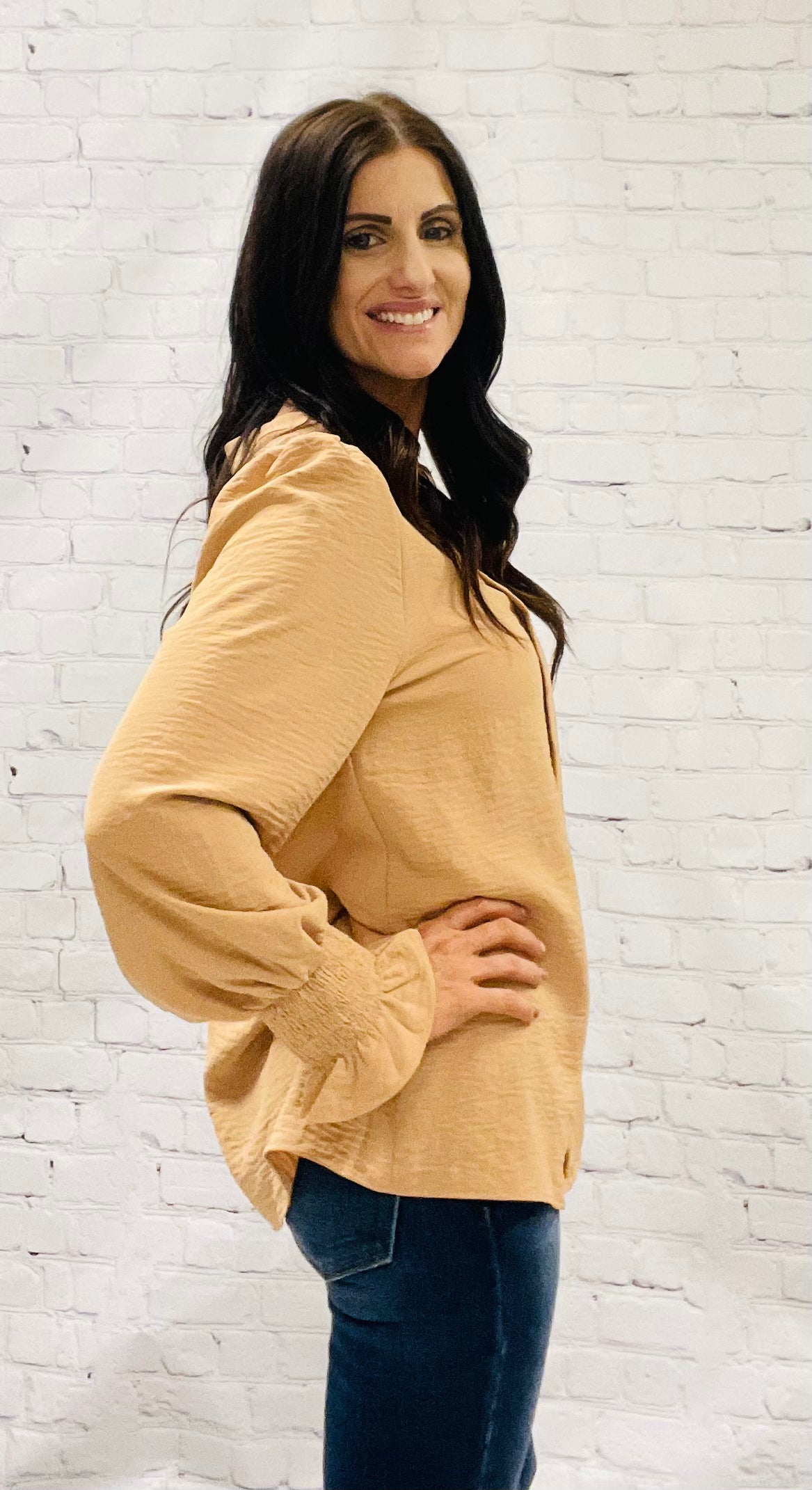 Long Sleeve Camel Colored Ruffle Blouse