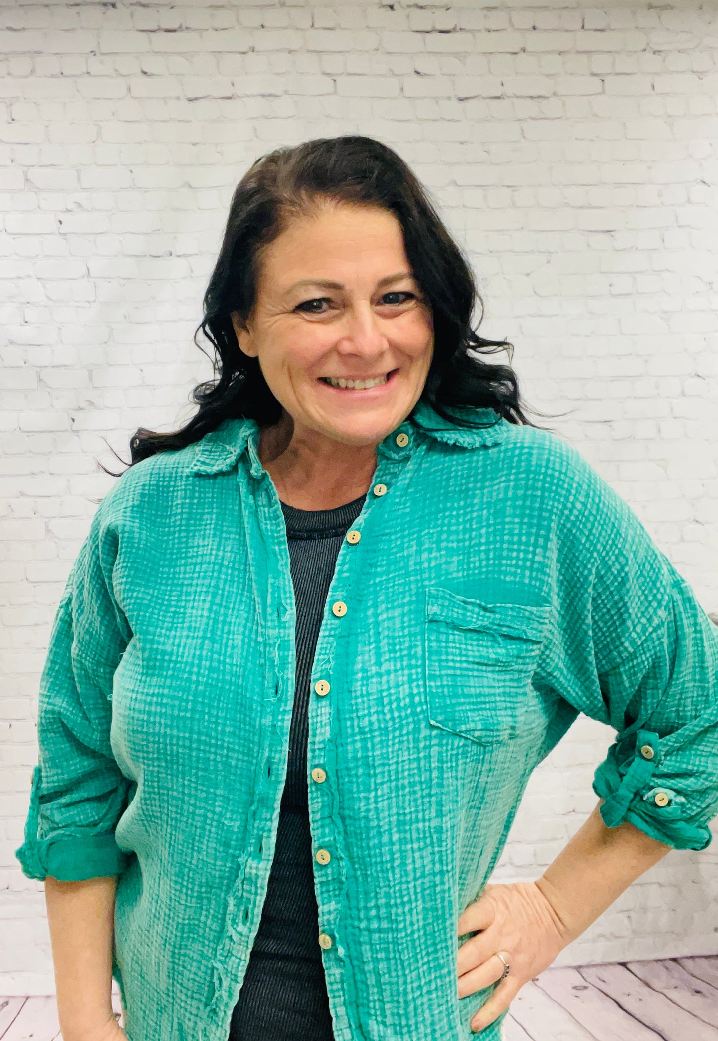 Kelly Green Gauze Button Up