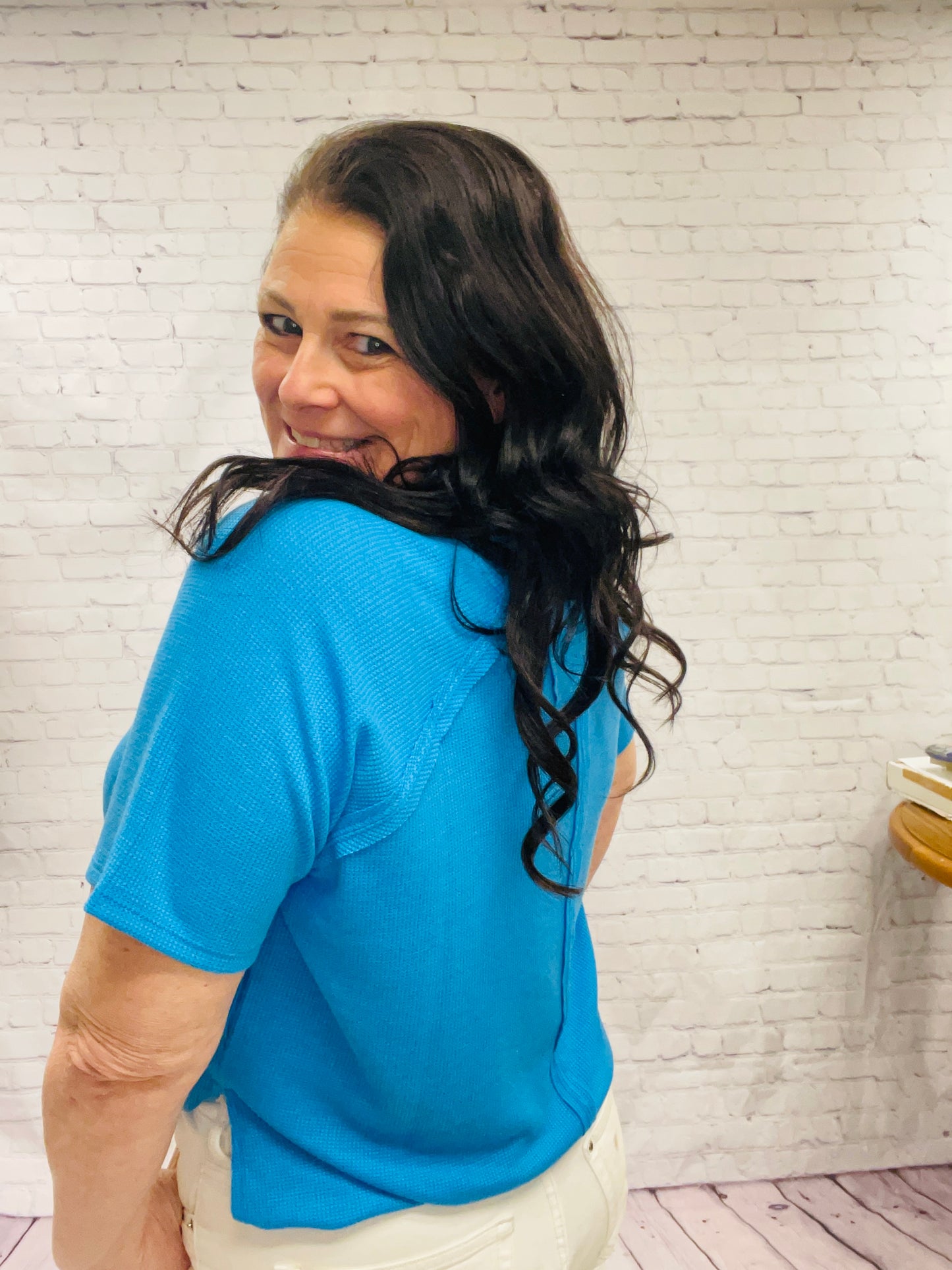 Long Blue Ribbed Top