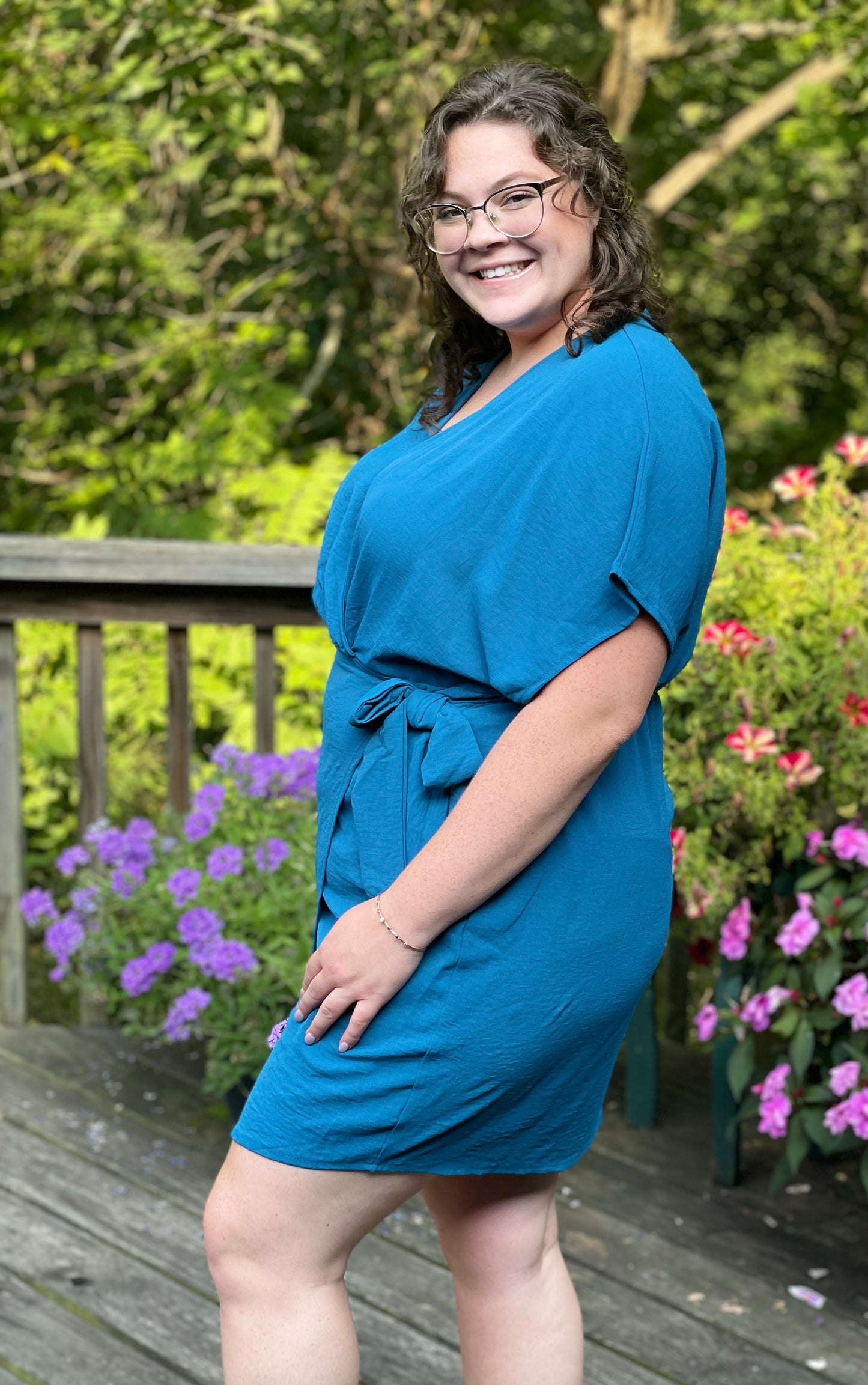 v neck teal dress