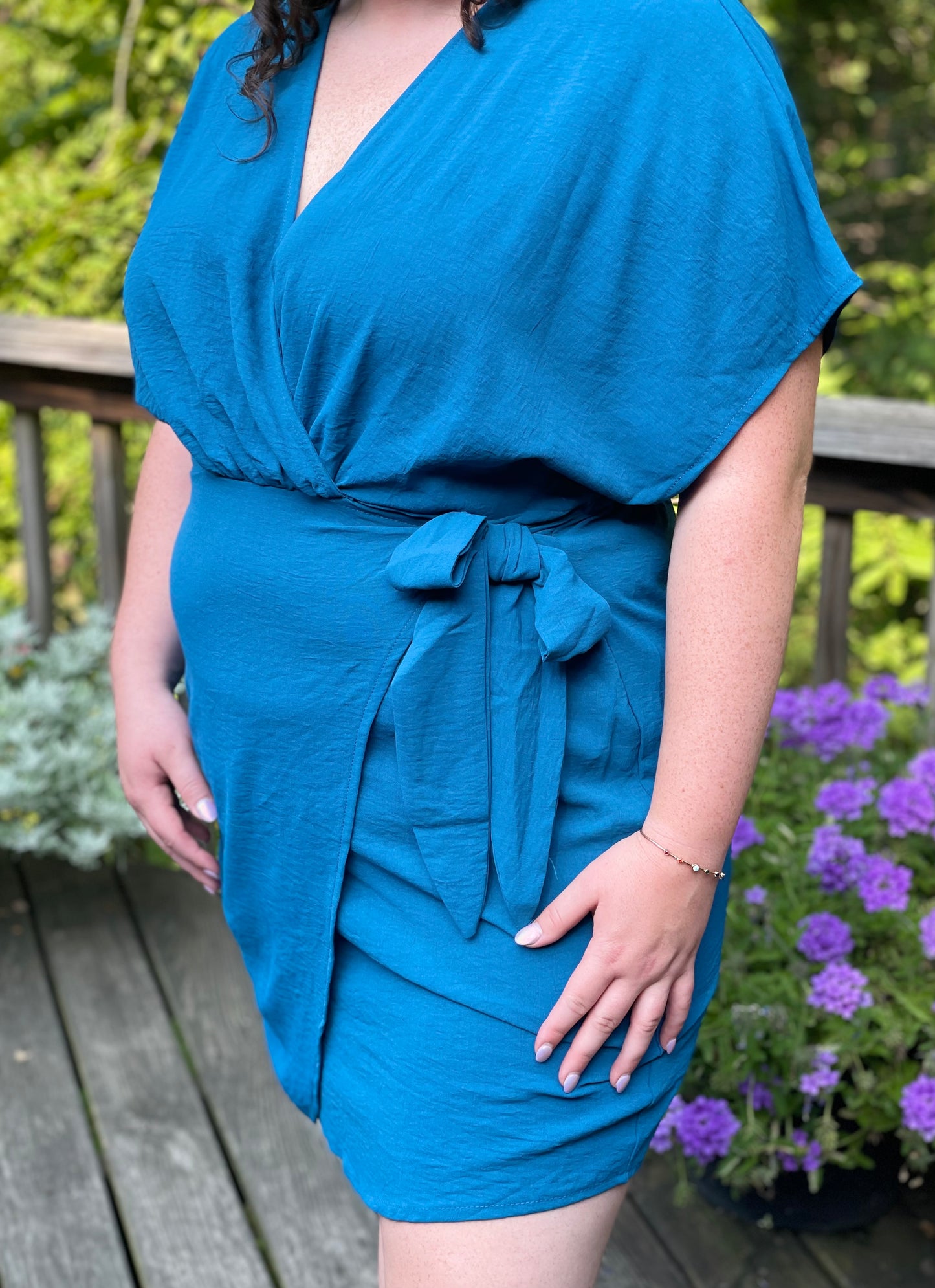 v neck teal dress