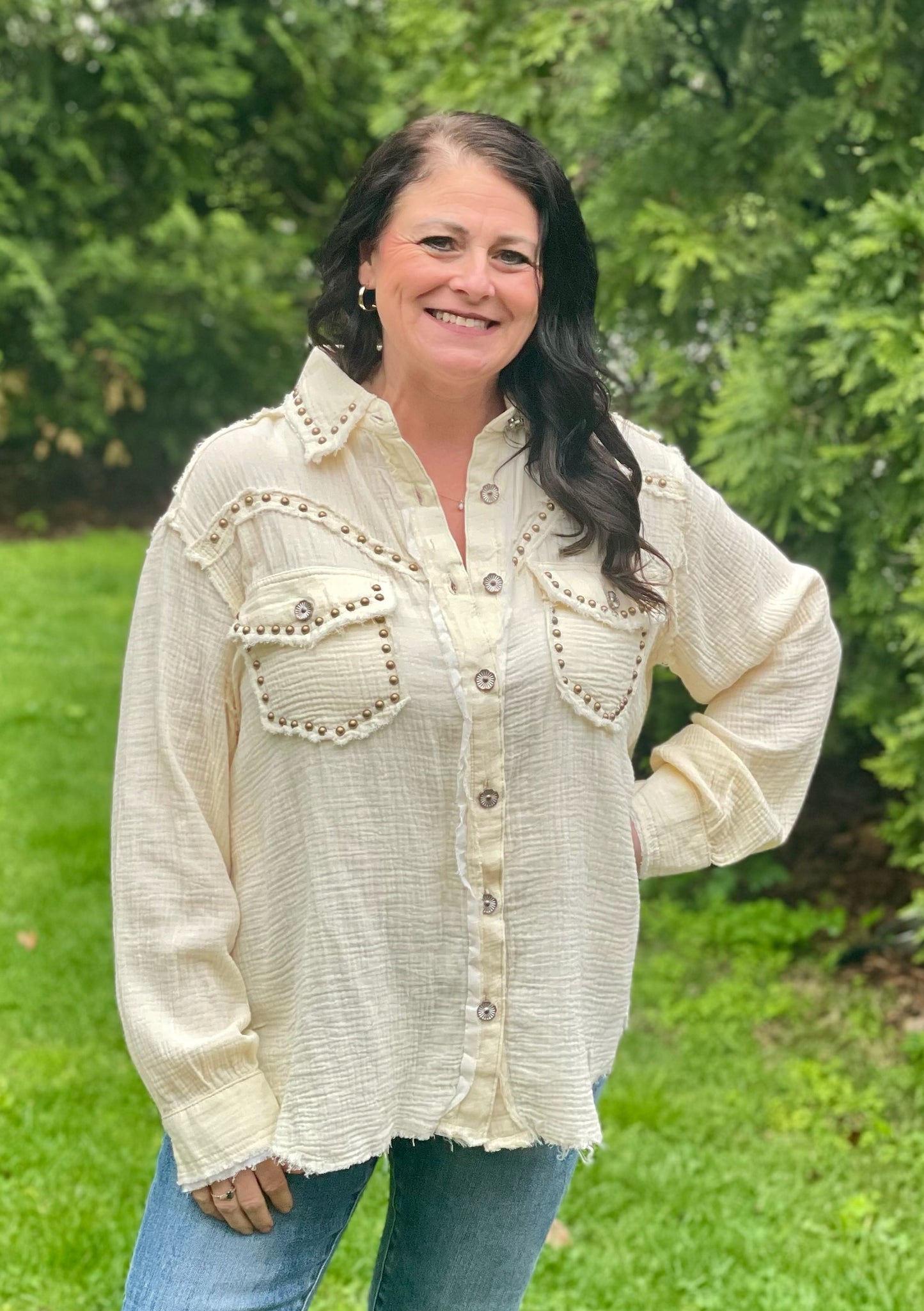 Gauze Studded Button Down