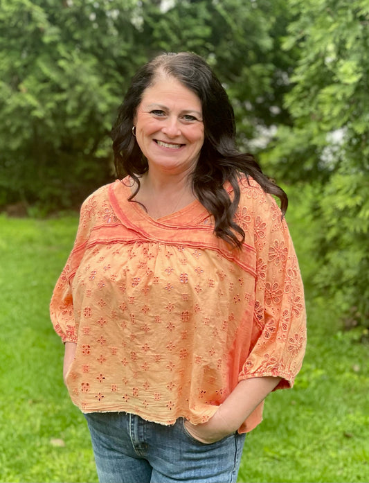 Orange Flower Eyelet Top