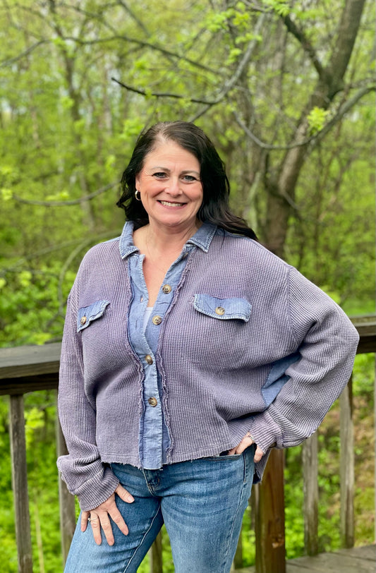 Indigo Ribbed Knit Button Down