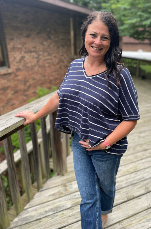 Navy Striped Wing Sleeve Top