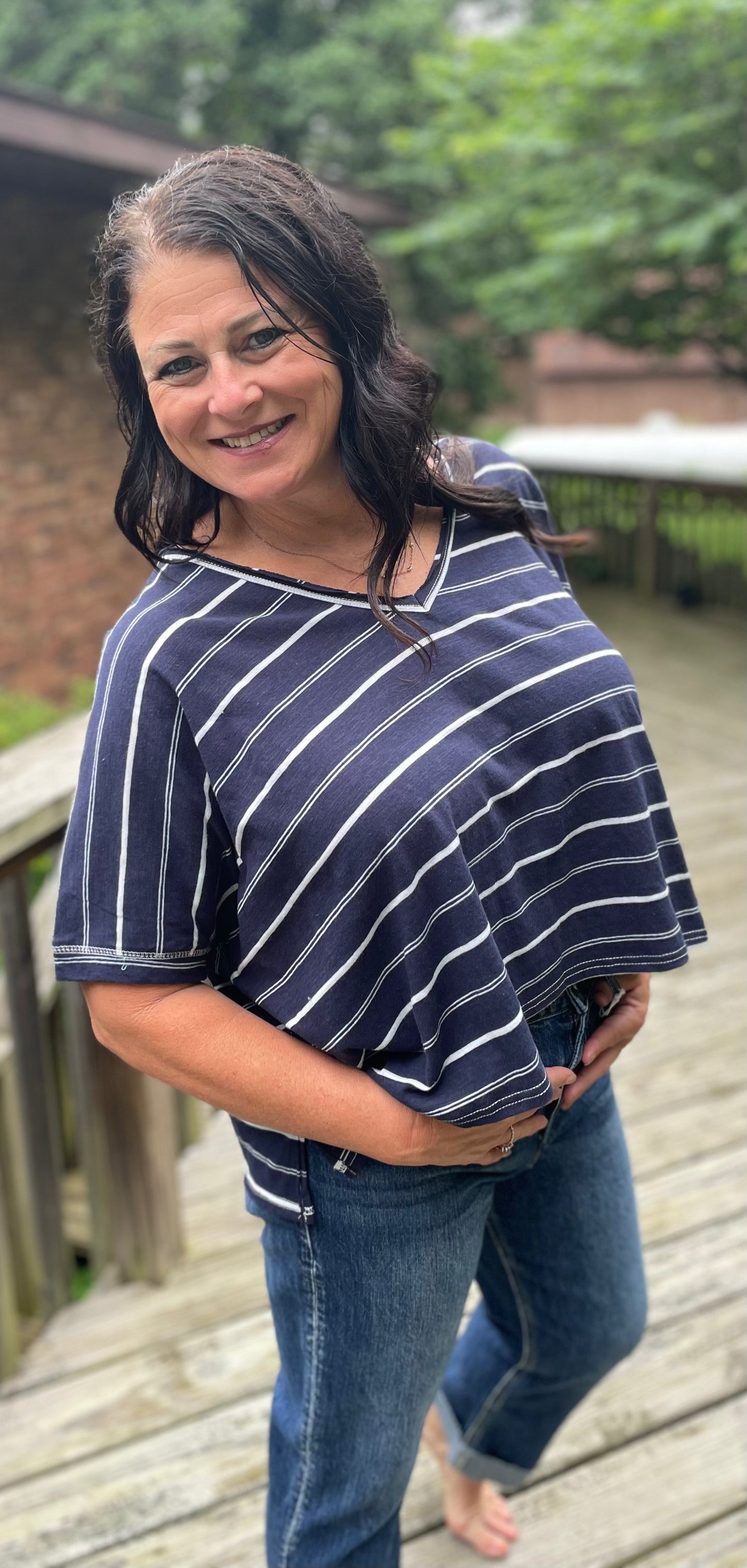 Navy Striped Wing Sleeve Top