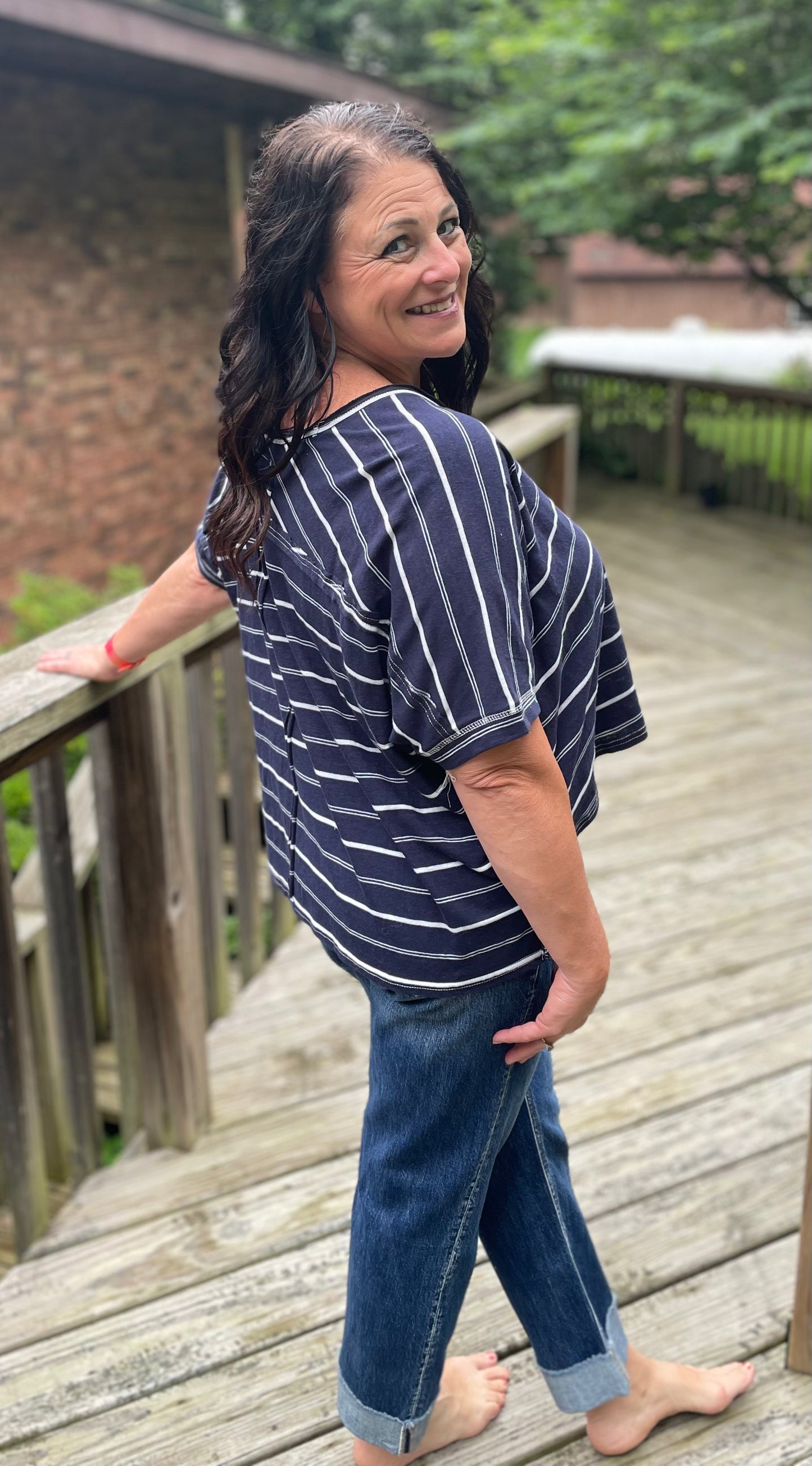 Navy Striped Wing Sleeve Top