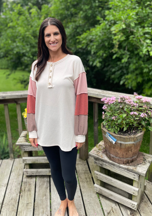 White, Pink, & Rust Ribbed Top