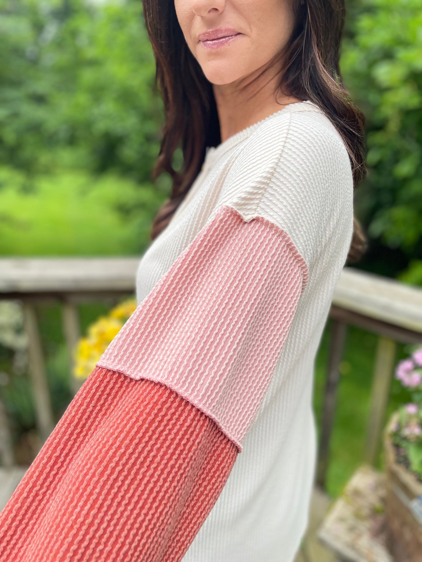 White, Pink, & Rust Ribbed Top