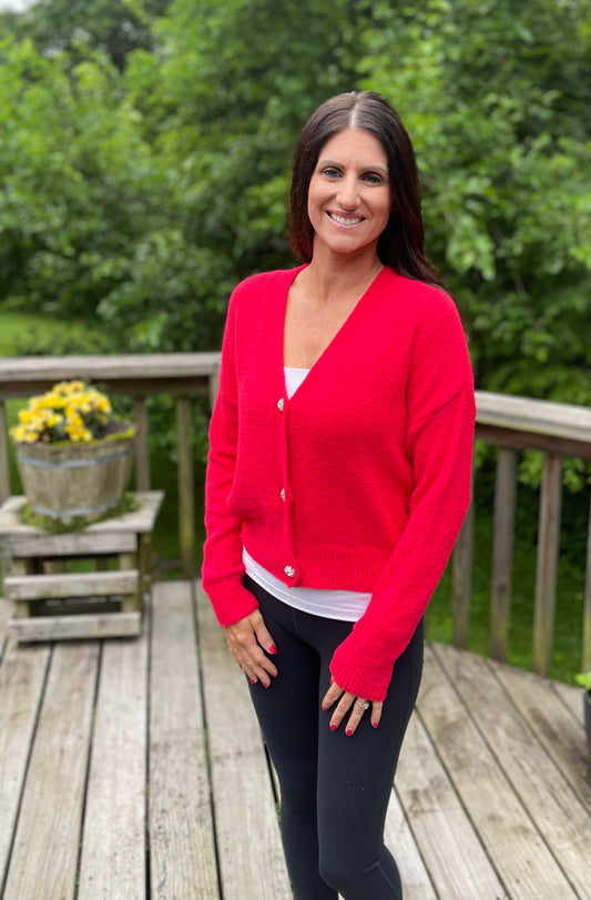 Red V Neck Cardigan