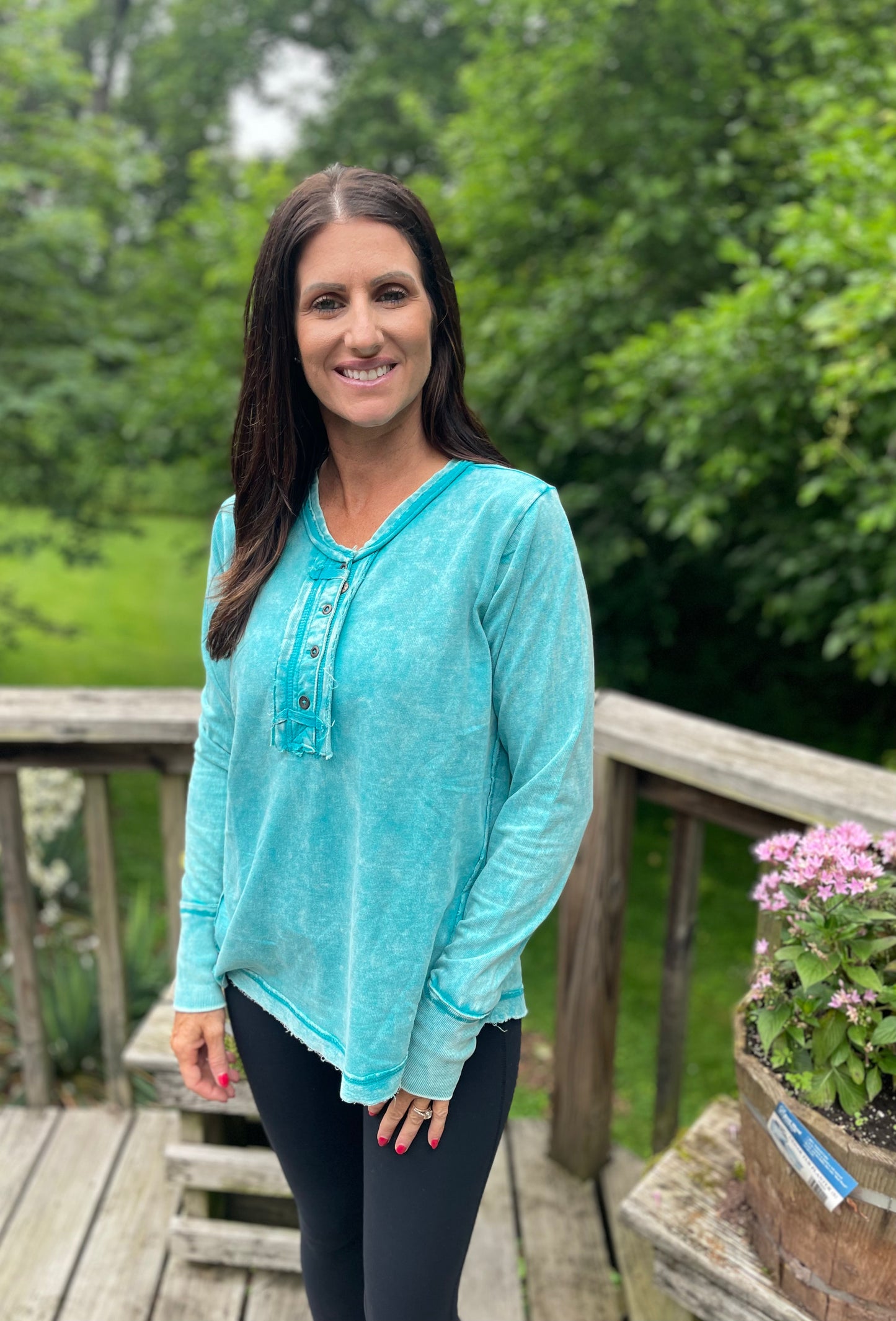 Teal Button V Neck
