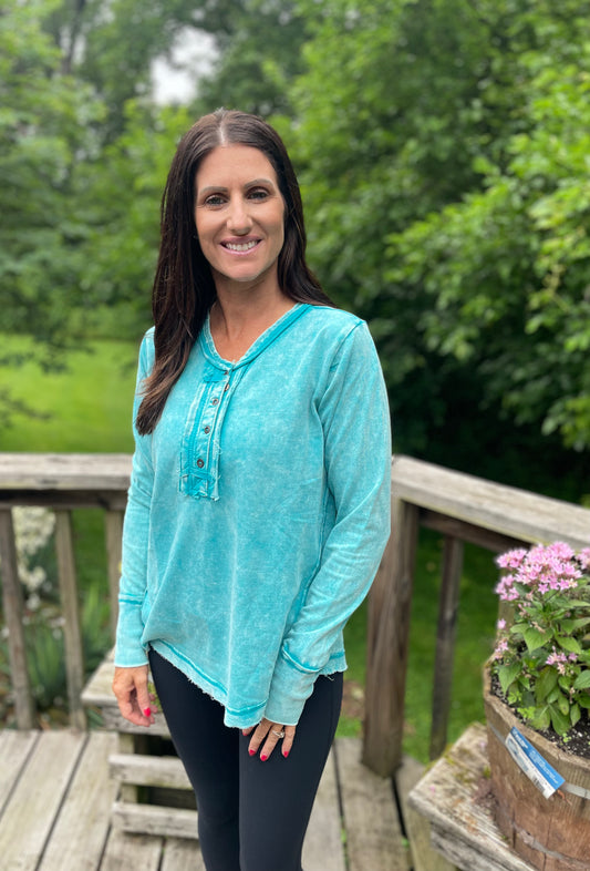 Teal Button V Neck
