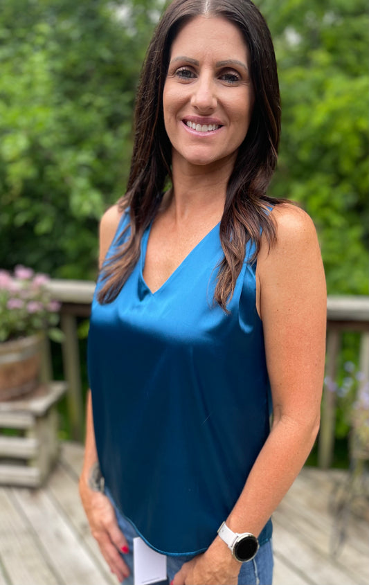 Blue Satin V Neck Tank