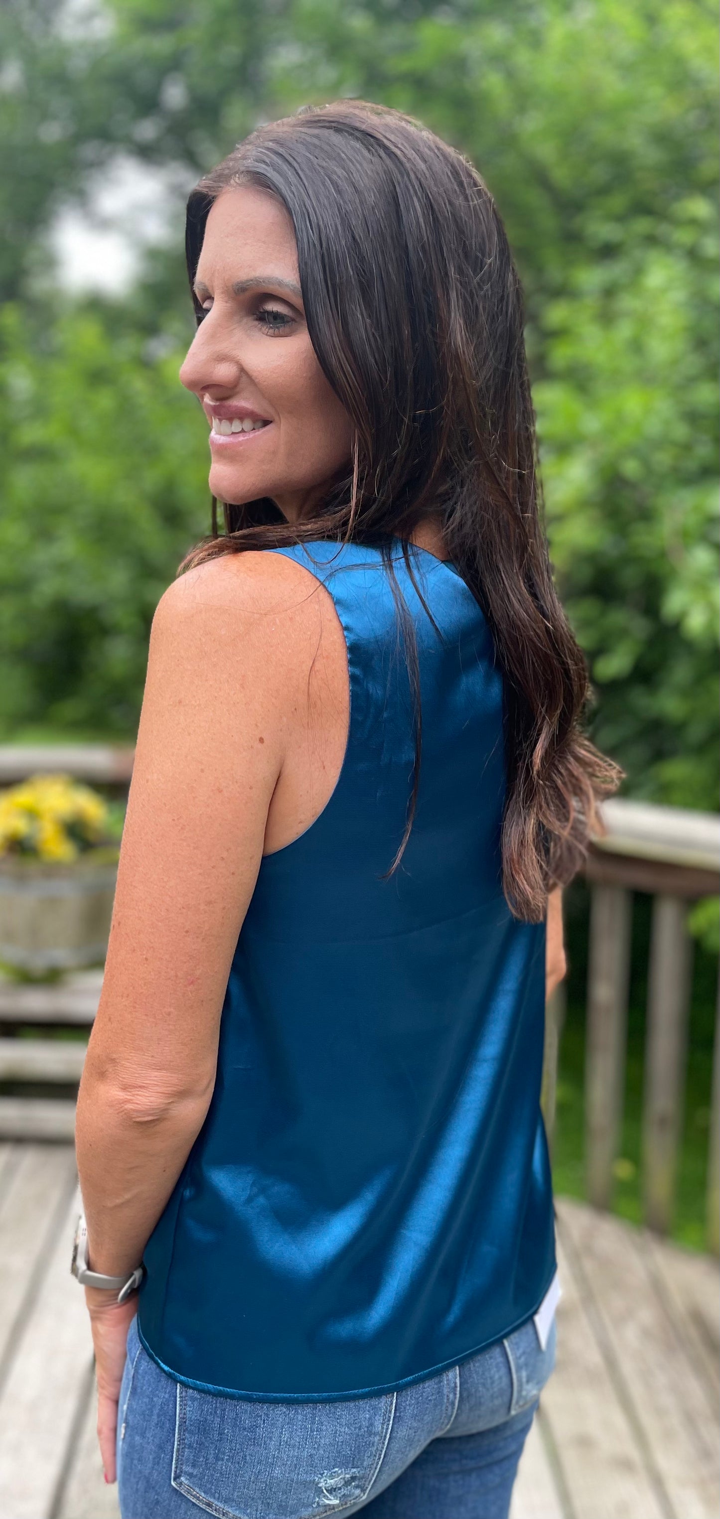Blue Satin V Neck Tank
