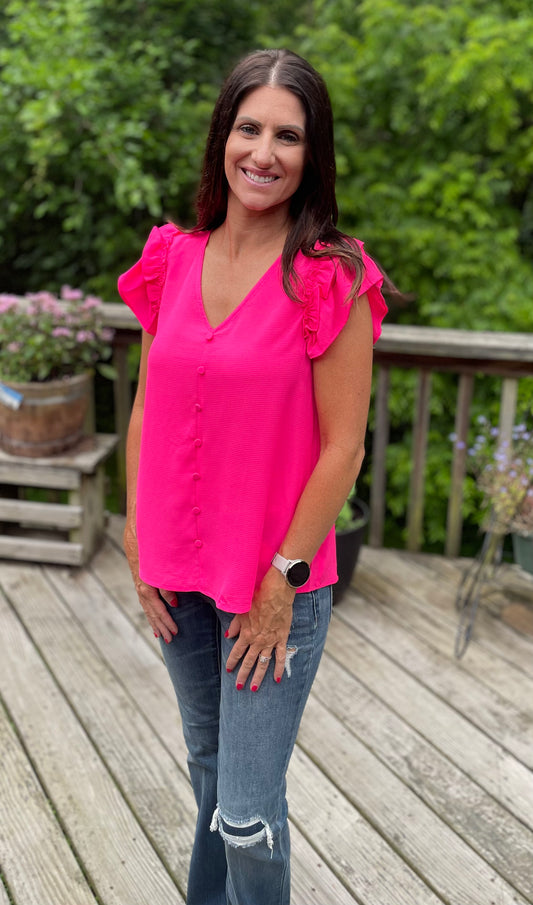 Hot Pink Ruffle Sleeve Button Down