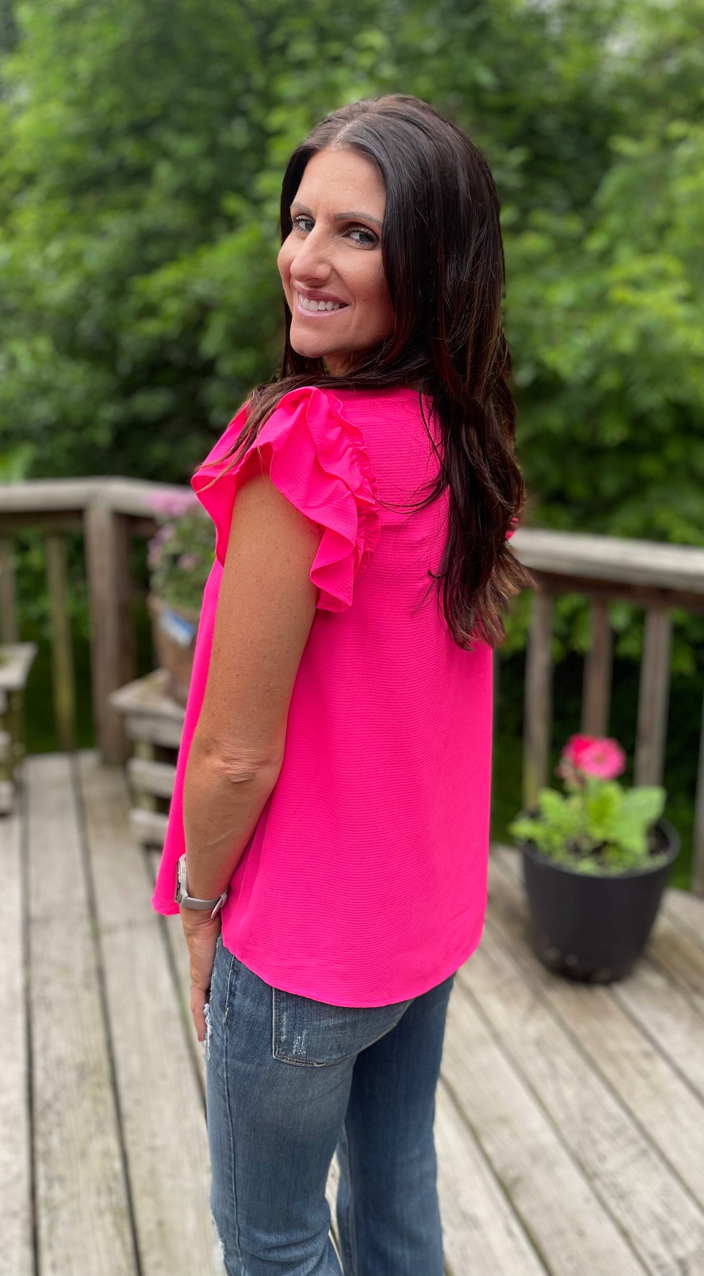 Hot Pink Ruffle Sleeve Button Down