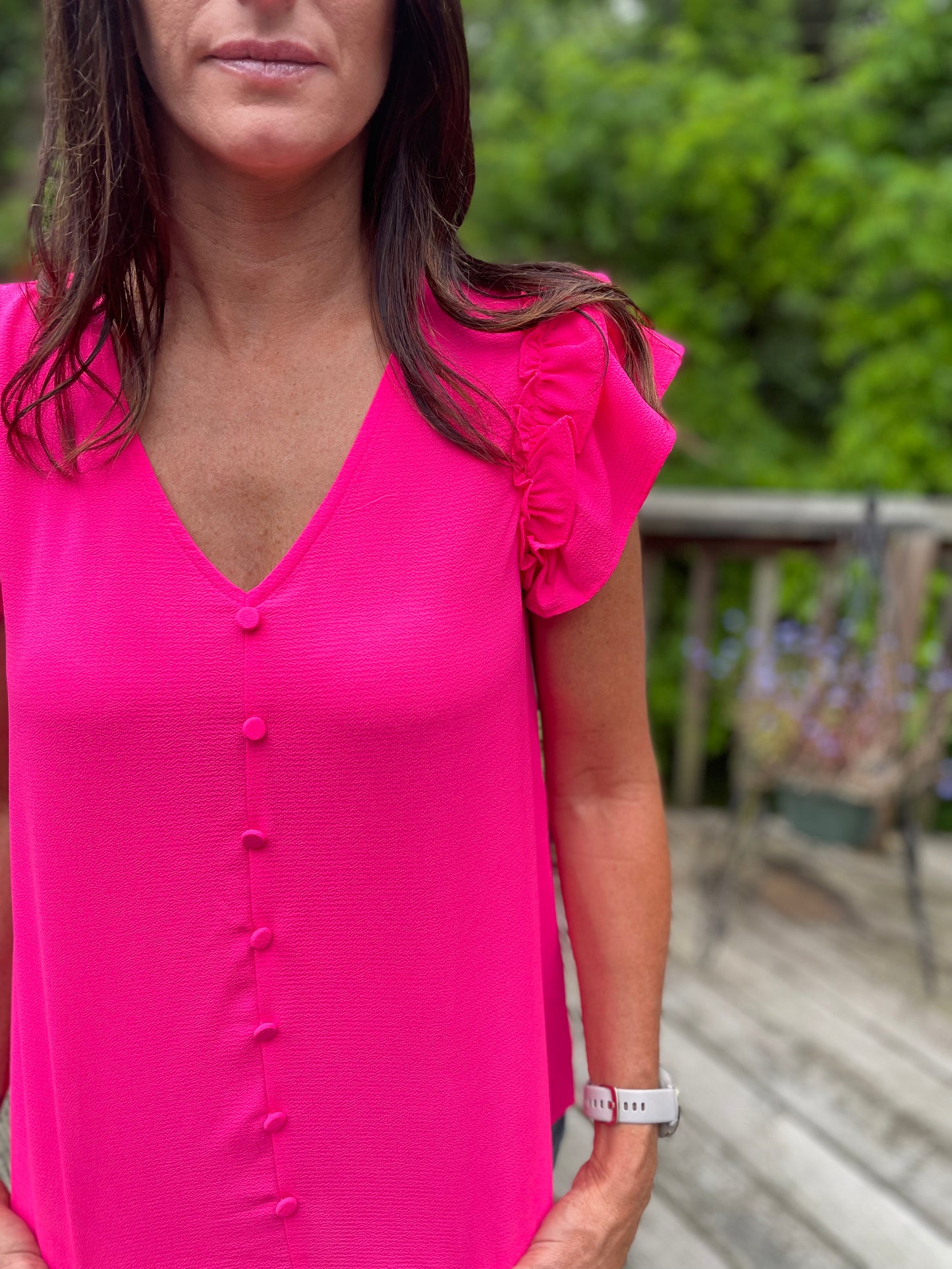 Hot Pink Ruffle Sleeve Button Down