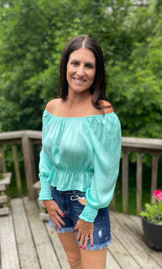 Teal Off The Shoulder Ruffle Top