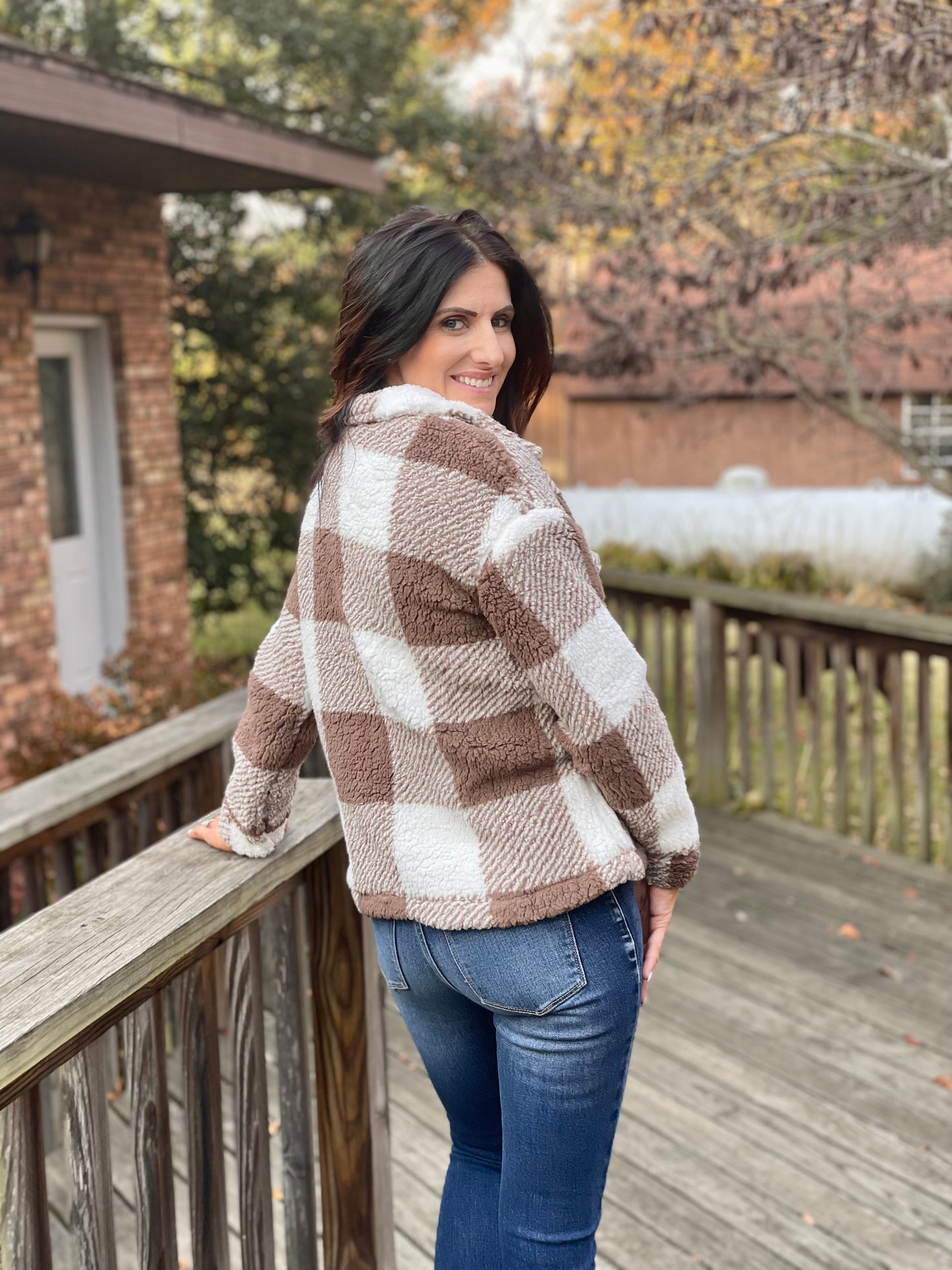 fuzzy brown/white checked coat