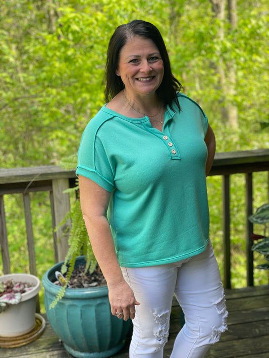Teal Button Shirt w/ Seam Detail