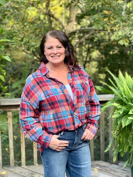 orange/blue plaid shirt