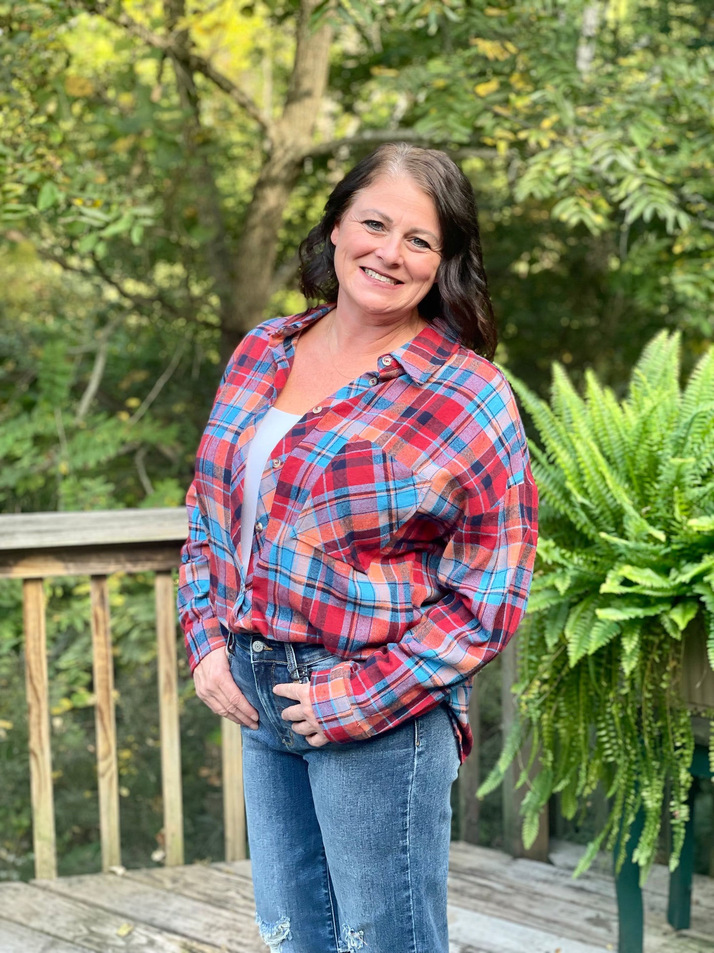 orange/blue plaid shirt