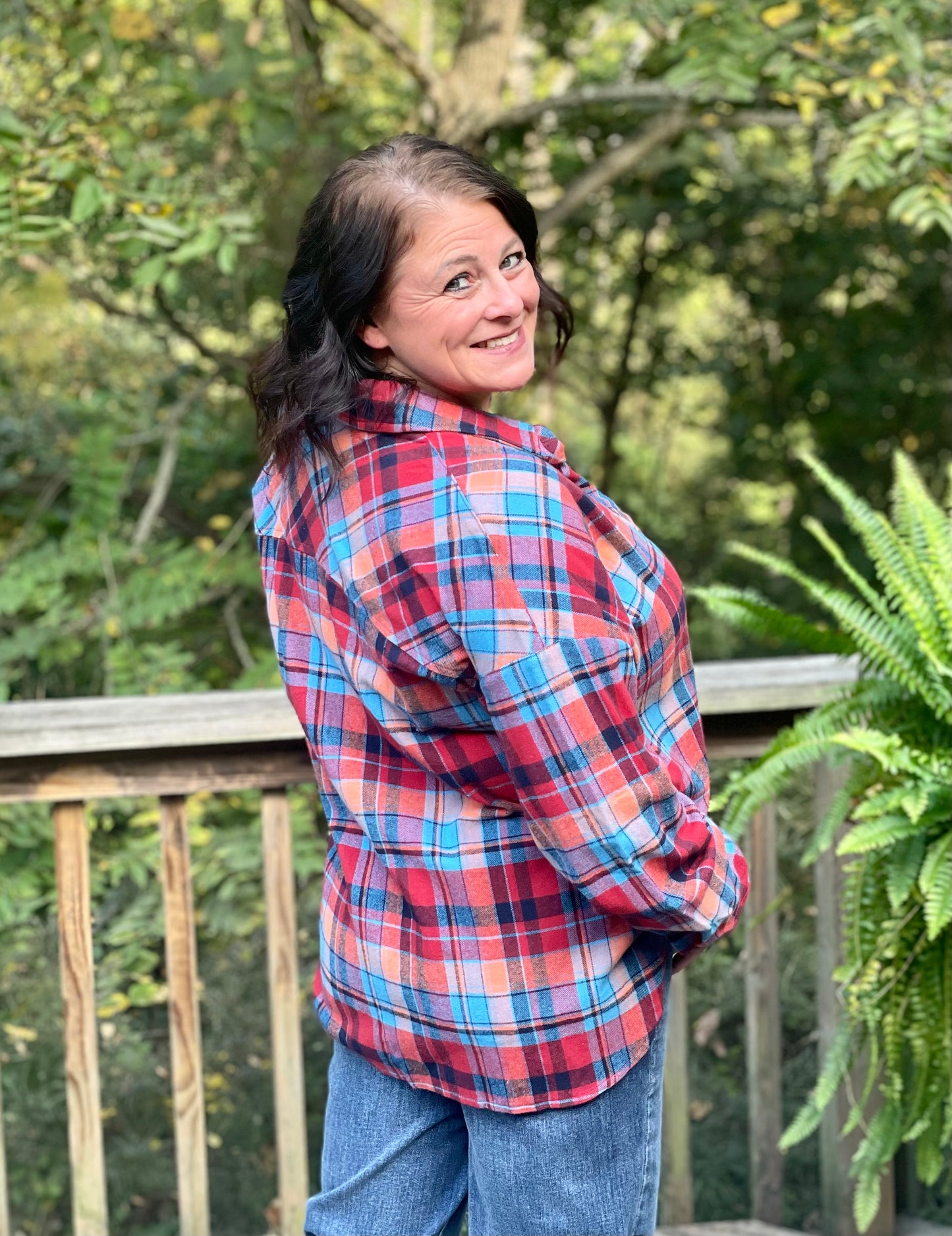 orange/blue plaid shirt