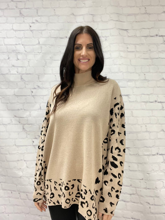 Tan/leopard trim sweater