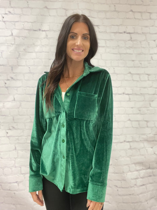 green velvet button-down