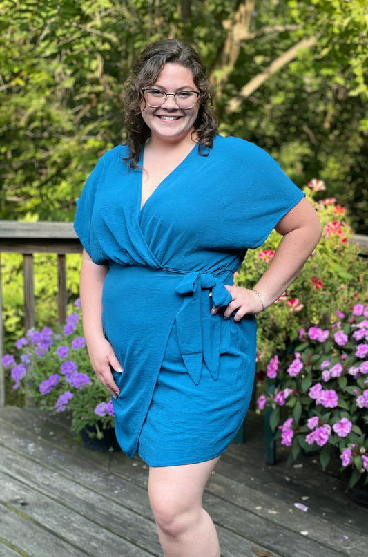 v neck teal dress