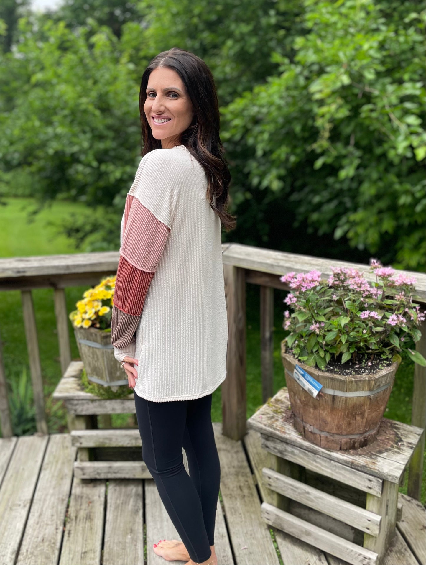 White, Pink, & Rust Ribbed Top