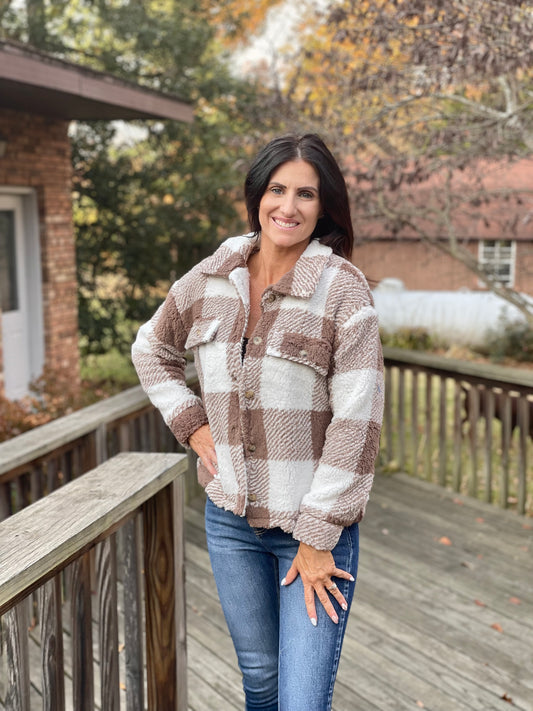 fuzzy brown/white checked coat