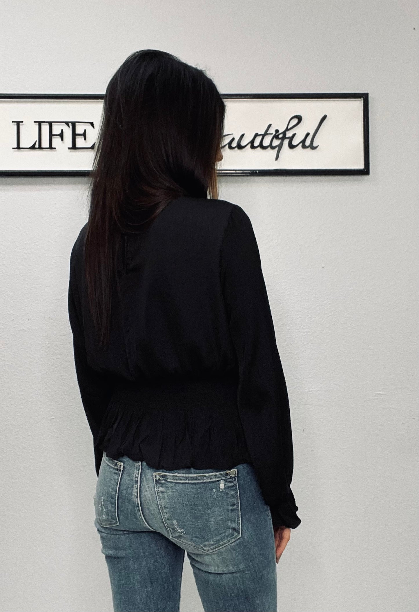 Black smocked waist blouse