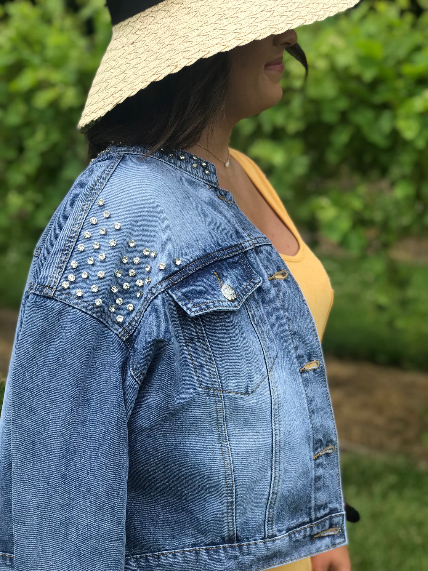 Rhinestone trimmed denim