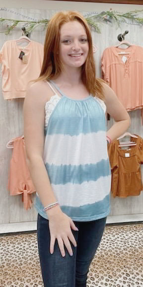 Blue/white lace back tank