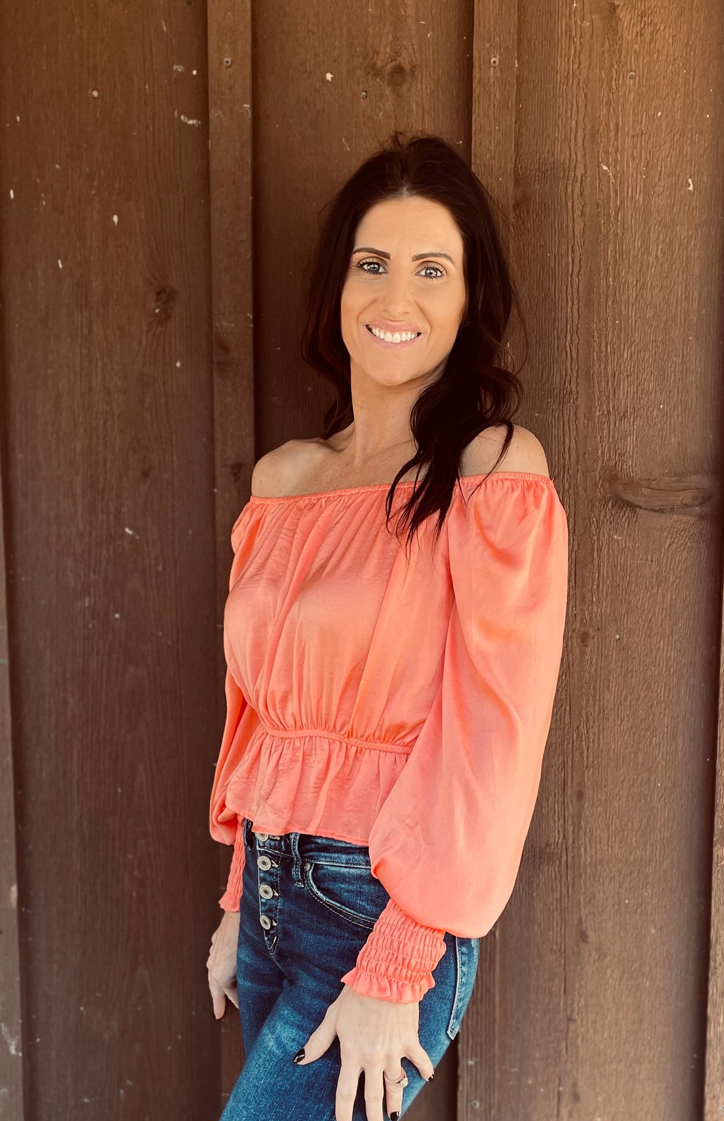 Coral off shoulder shirt