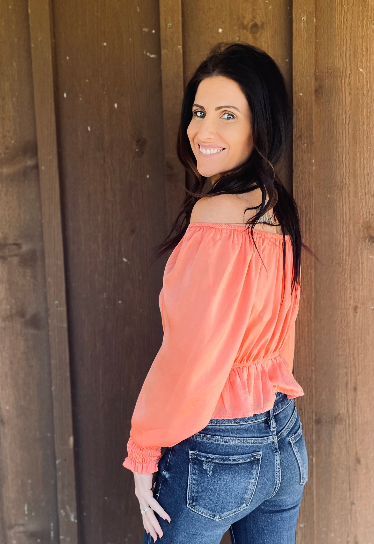 Coral off shoulder shirt